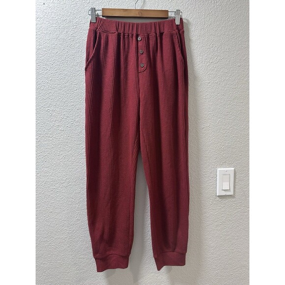 Waffle Knit 2-Piece Pajama Set Womens Medium Red Lounge Cozy Warm Stretch Comfy - Picture 7 of 13